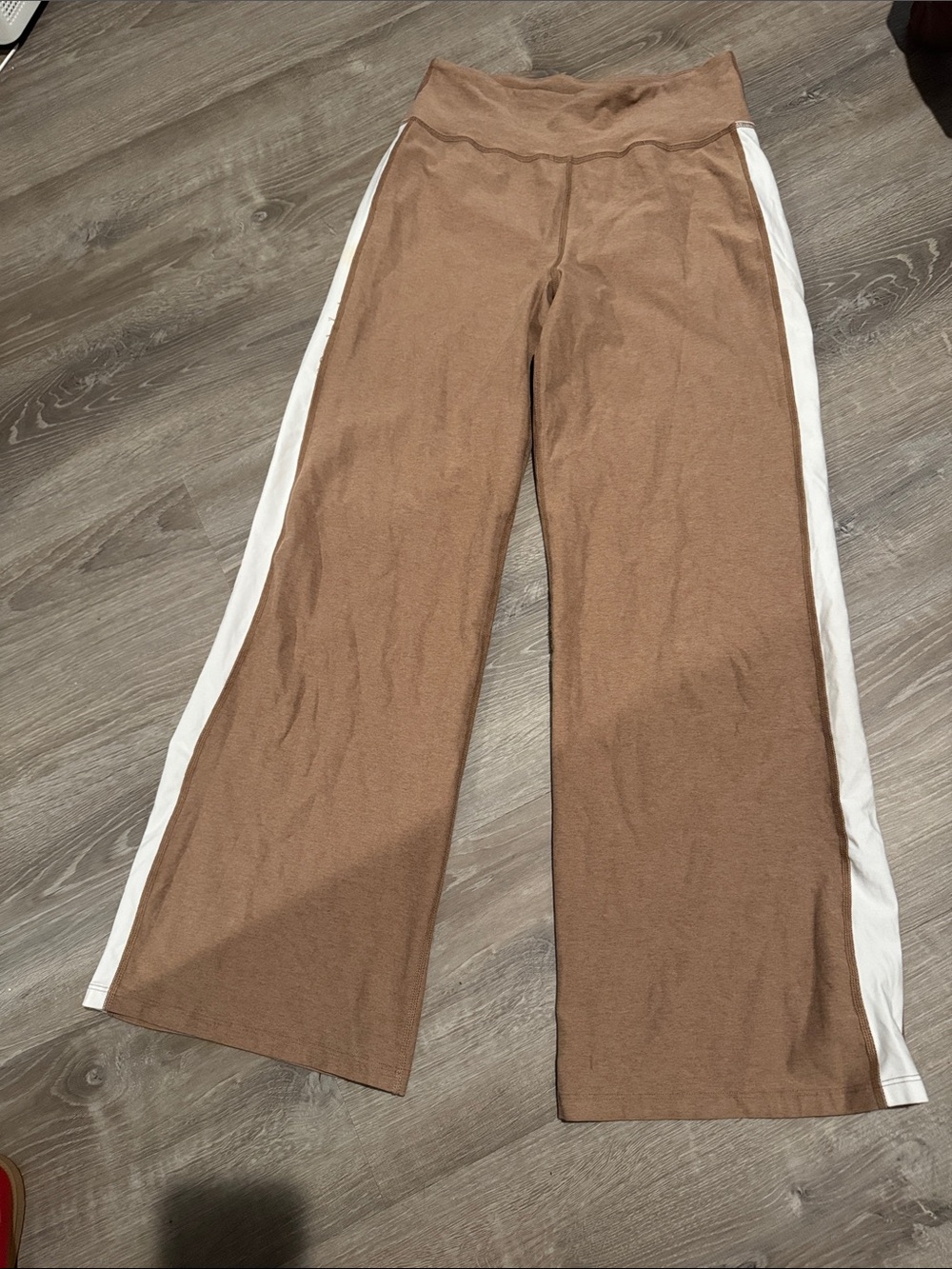 Beige and white wide leg beyond yoga leggings.